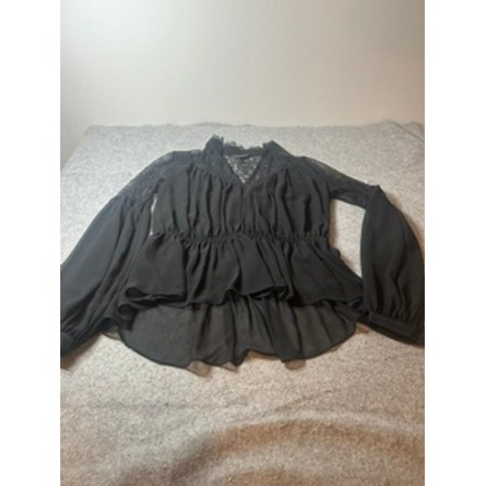 Express Black Lace Long Sleeve Peplum Blouse High Neck Top XS Romantic Goth